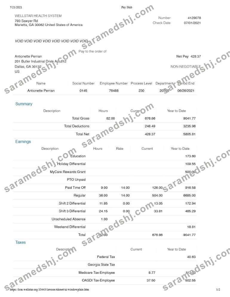 WELLSTAR HEALTH SYSTEM pay stub template in Word and PDF formats.pdf, 1